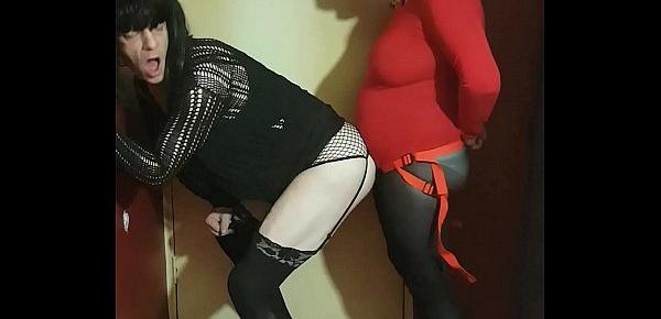 crossdressing sissy fucked by his masked girlfriend with a strap-on dildo